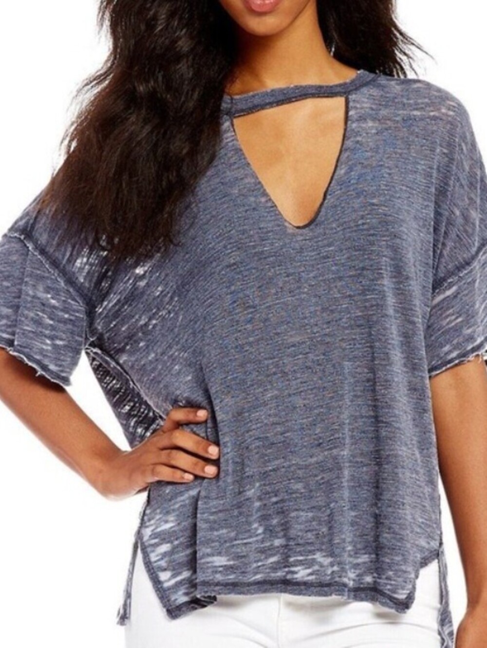 We The Free Oversized Blue Open V-Neck Jordan Burnout Tee - Size - XS